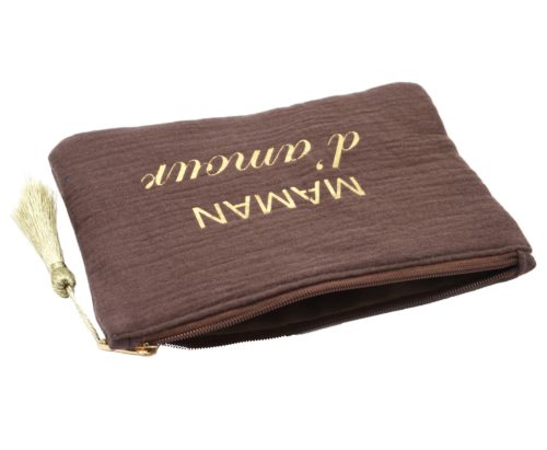 Trousse-Pochette-Coton-Marron-Message-Maman-dAmour-Pompon-Dore