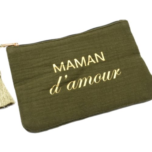Trousse-Pochette-Coton-Kaki-Message-Maman-dAmour-Pompon-Dore
