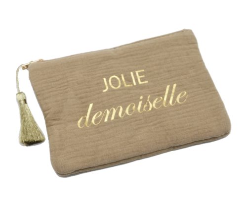 Trousse-Pochette-Coton-Beige-Message-Jolie-Demoiselle-Pompon-Dore