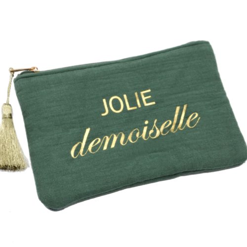 Trousse-Pochette-Coton-Vert-Message-Jolie-Demoiselle-Pompon-Dore