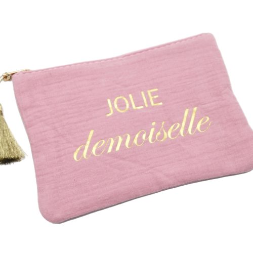 Trousse-Pochette-Coton-Vieux-Rose-Message-Jolie-Demoiselle-Pompon-Dore