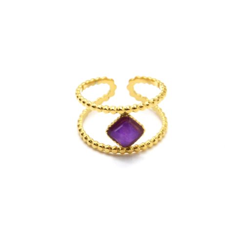 Bague-Double-Anneaux-Billes-Acier-Dore-et-Pierre-Losange-Mauve