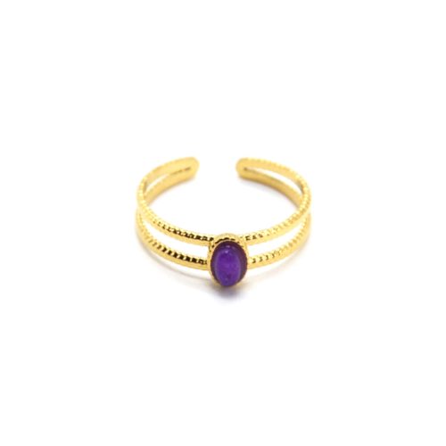 Bague-Double-Anneaux-avec-Pierre-Ovale-Mauve-Contour-Acier-Dore