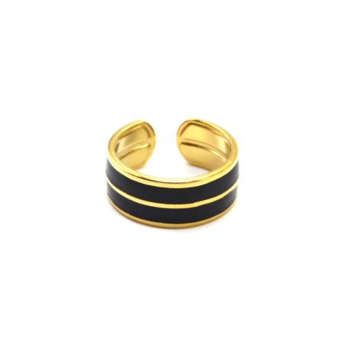 Bague-Anneau-Acier-Dore-avec-Double-Rangs-Email-Noir