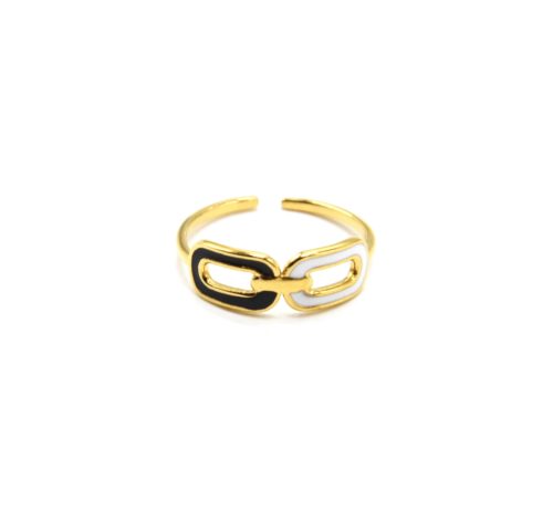 Bague-Fine-avec-Maillons-Email-Noir-Blanc-et-Contour-Acier-Dore