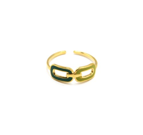 Bague-Fine-avec-Maillons-Email-Vert-et-Contour-Acier-Dore