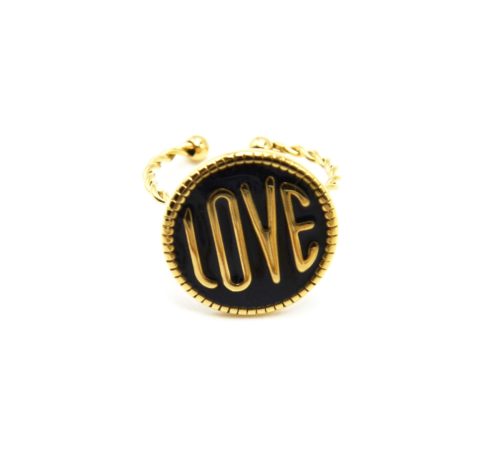 Bague-Fine-Torsadee-avec-Medaille-Email-Noir-et-Love-Acier-Dore