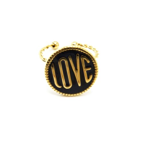 Bague-Fine-Torsadee-avec-Medaille-Email-Noir-et-Love-Acier-Dore