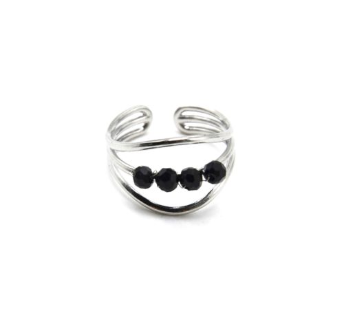 Bague-Large-Triple-Rangs-Acier-Argente-avec-Perles-Noires