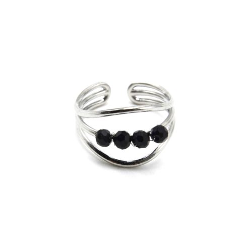 Bague-Large-Triple-Rangs-Acier-Argente-avec-Perles-Noires