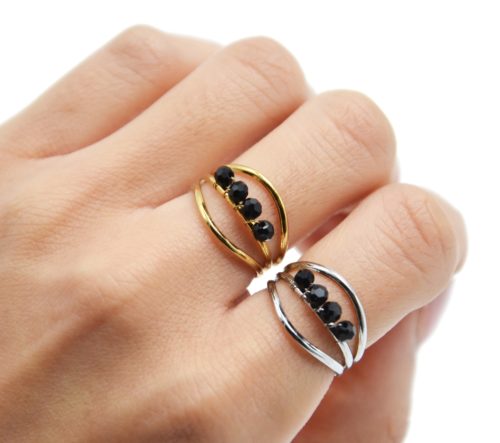 Bague-Large-Triple-Rangs-Acier-avec-Perles-Noires