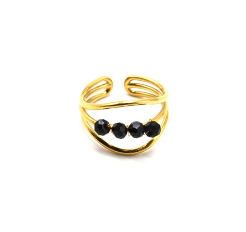 Bague-Large-Triple-Rangs-Acier-Dore-avec-Perles-Noires