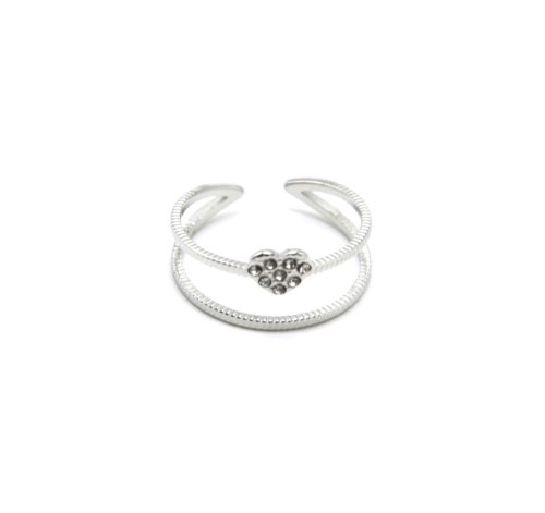 Bague-Double-Rangs-Motif-Raye-avec-Coeur-Strass-et-Acier-Argente