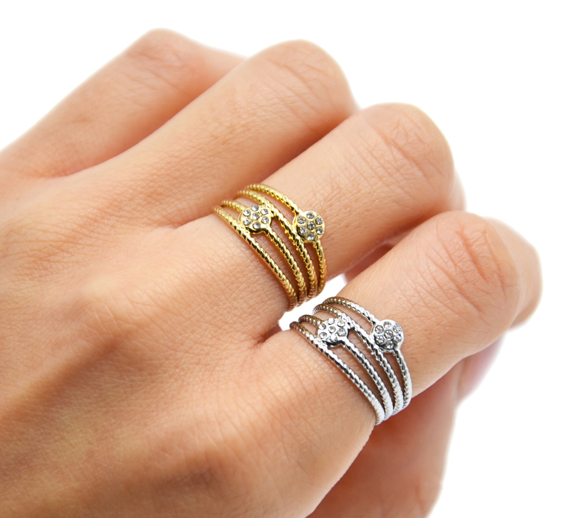 BG1605 Bague Multi Rangs Torsades avec Cercles Strass et Acier Argente