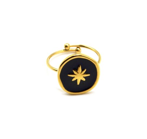 Bague-Fine-avec-Medaille-Email-Noir-et-Etoile-Polaire-Acier-Dore