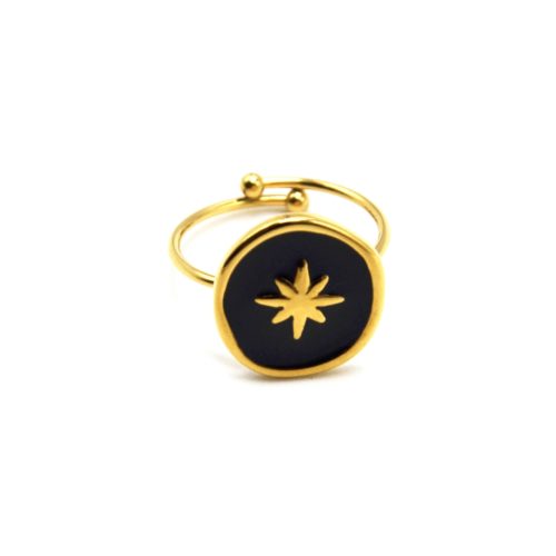 Bague-Fine-avec-Medaille-Email-Noir-et-Etoile-Polaire-Acier-Dore