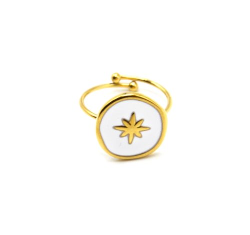 Bague-Fine-avec-Medaille-Email-Blanc-et-Etoile-Polaire-Acier-Dore