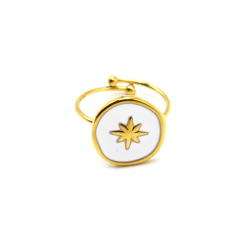 Bague-Fine-avec-Medaille-Email-Blanc-et-Etoile-Polaire-Acier-Dore