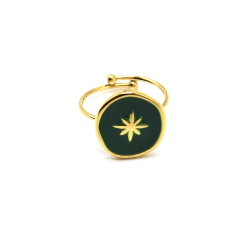 Bague-Fine-avec-Medaille-Email-Vert-et-Etoile-Polaire-Acier-Dore