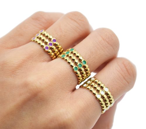 Bague-Large-avec-Triple-Rangs-Billes-Acier-Dore-et-Points-Email-Couleur