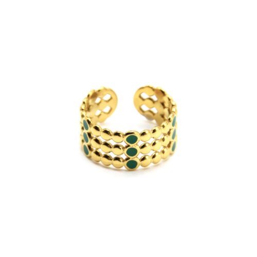 Bague-Large-avec-Triple-Rangs-Billes-Acier-Dore-et-Points-Email-Vert