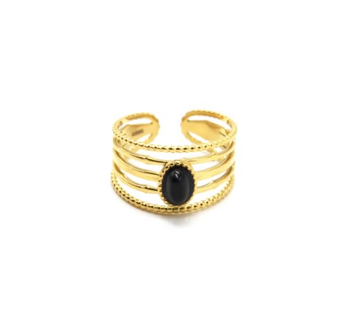 Bague-Large-avec-Multi-Rangs-Billes-Acier-Dore-et-Pierre-Ovale-Noire