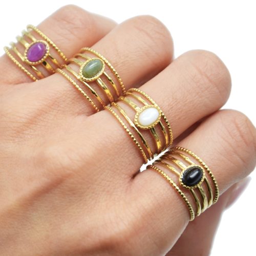 Bague-Large-avec-Multi-Rangs-Billes-Acier-Dore-et-Pierre-Ovale-Couleur