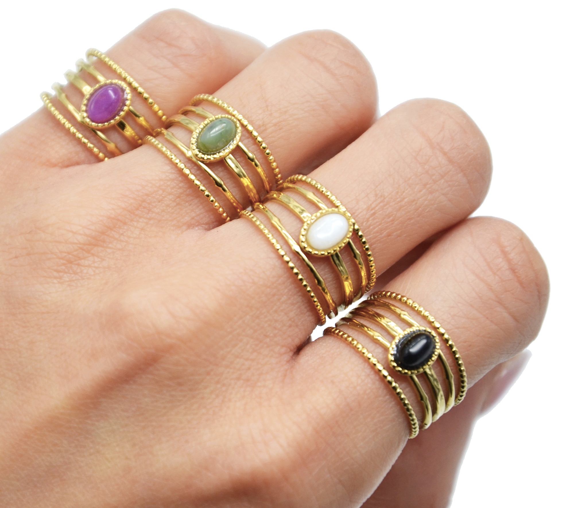 BG1623 Bague Large avec Multi Rangs Billes Acier Dore et Pierre Ovale Noire
