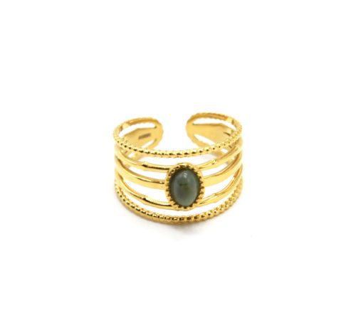 Bague-Large-avec-Multi-Rangs-Billes-Acier-Dore-et-Pierre-Ovale-Verte