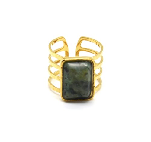 Bague-Manchette-Multi-Rangs-Acier-Dore-et-Pierre-Rectangle-Verte