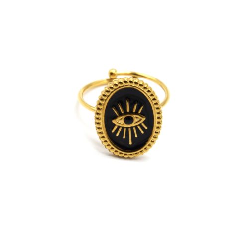 Bague-avec-Medaille-Ovale-Email-Noir-Oeil-et-Contour-Billes-Acier-Dore