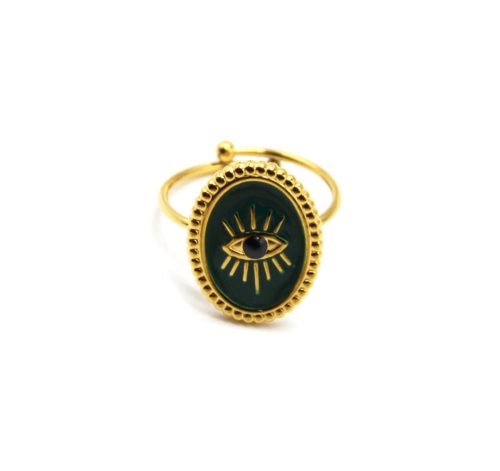 Bague-avec-Medaille-Ovale-Email-Vert-Oeil-et-Contour-Billes-Acier-Dore