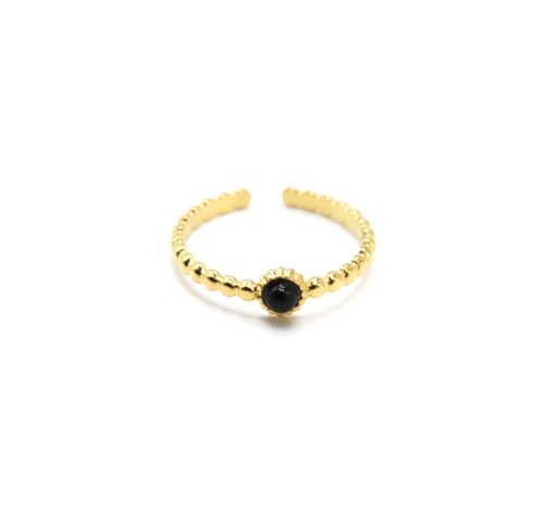 Bague-Fine-Billes-Acier-Dore-et-Mini-Pierre-Ronde-Noire