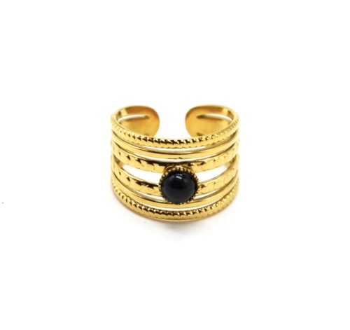 Bague-Multi-Rangs-Marteles-Acier-Dore-et-Pierre-Ronde-Noire