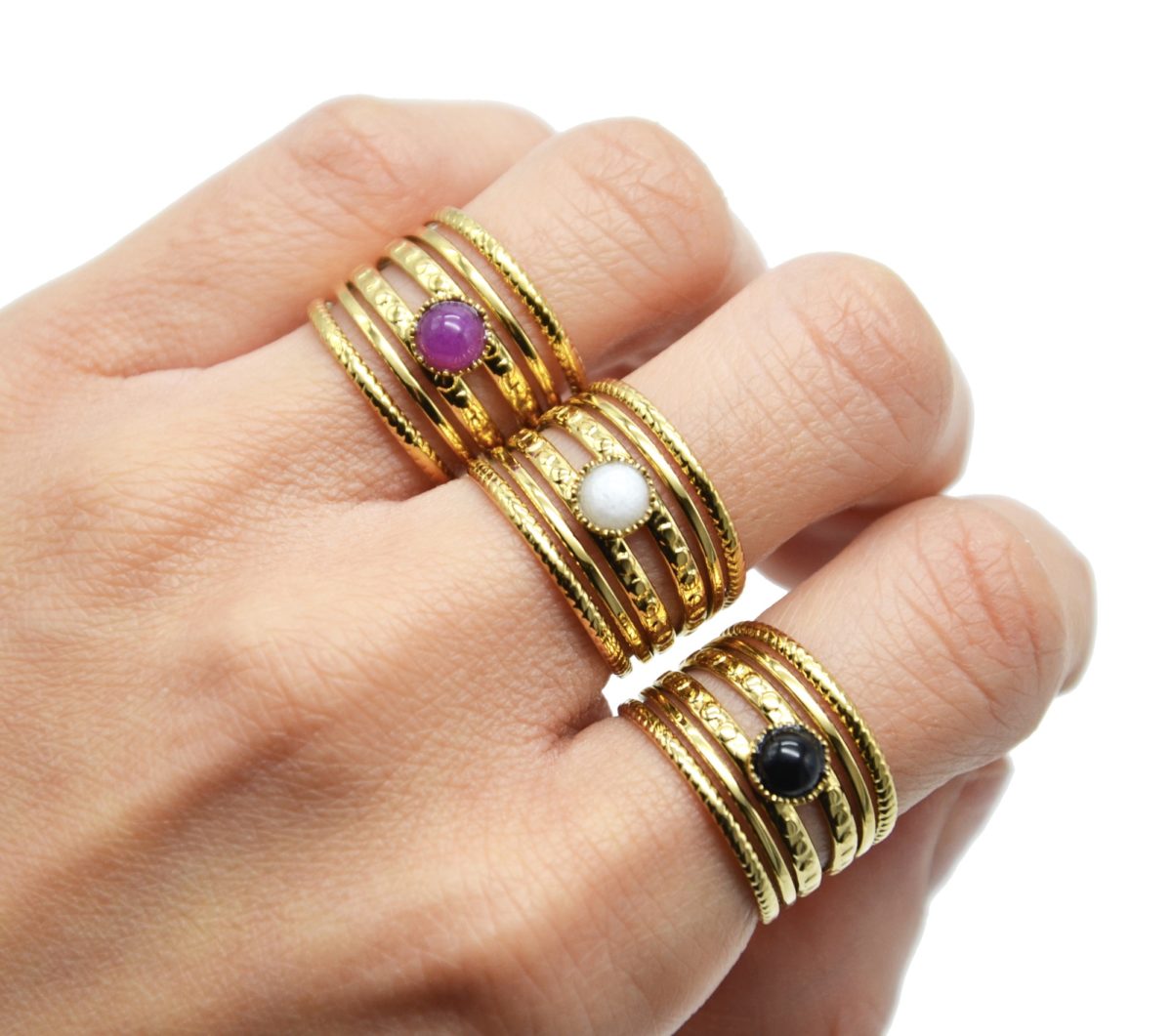 Bague Trois Rangs Plaquée Or - Avec Pierre Noire Et Brillants - Taille 50 - Occasion