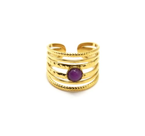 Bague-Multi-Rangs-Marteles-Acier-Dore-et-Pierre-Ronde-Mauve