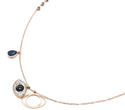 Collier-Fine-Chaine-Acier-Or-Rose-Pendentif-Oeil-Strass-et-Pierre-Goutte-Bleue