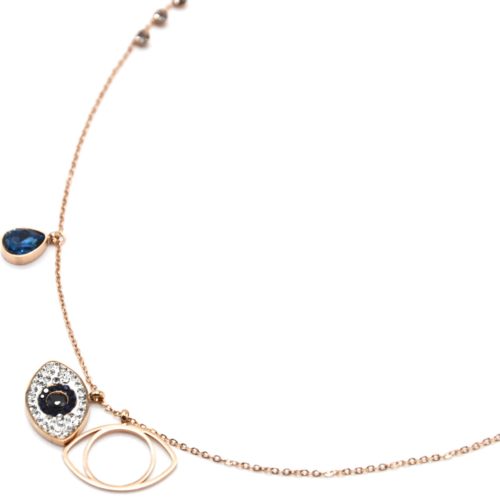 Collier-Fine-Chaine-Acier-Or-Rose-Pendentif-Oeil-Strass-et-Pierre-Goutte-Bleue