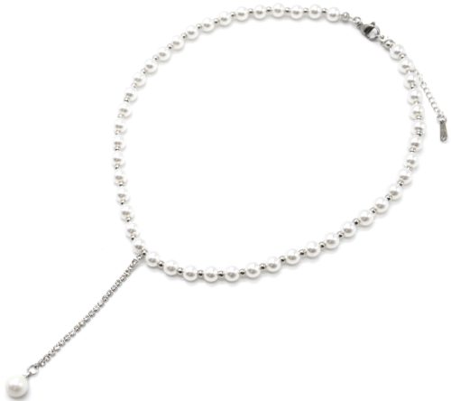 Collier-Perles-Blanches-et-Billes-Acier-Argente-avec-Pendentif-Y-Strass