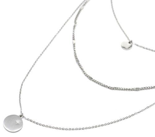 Collier-Triple-Chaines-avec-Medailles-Acier-Argente-Motif-Etoile-Polaire