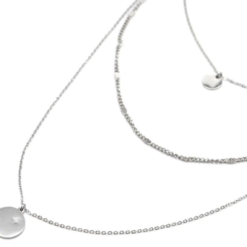 Collier-Triple-Chaines-avec-Medailles-Acier-Argente-Motif-Etoile-Polaire