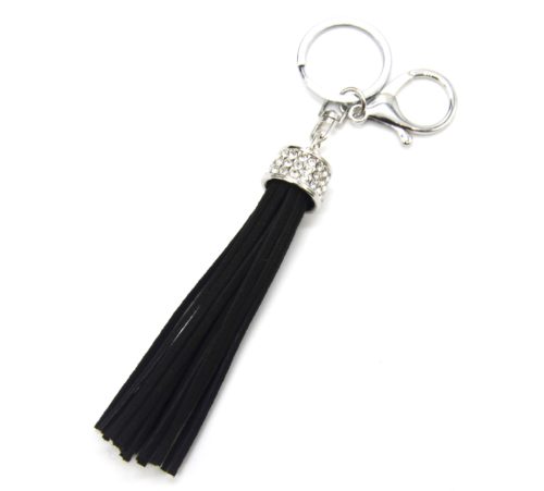 Porte-Cles-Bijou-de-Sac-Pompon-Franges-Feutrine-Noir-et-Strass-Argente