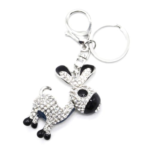 Porte-Cles-Bijou-de-Sac-Ane-Metal-Strass-Argente-et-Email-Noir