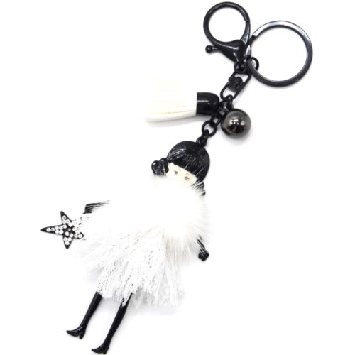 Porte-Cles-Bijou-de-Sac-Poupee-Metal-Noir-Robe-Dentelle-et-Pompon-Blanc