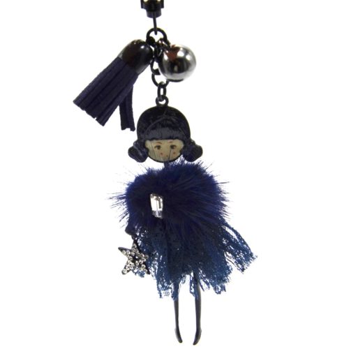 Porte-Cles-Bijou-de-Sac-Poupee-Metal-Noir-Robe-Dentelle-et-Pompon-Bleu