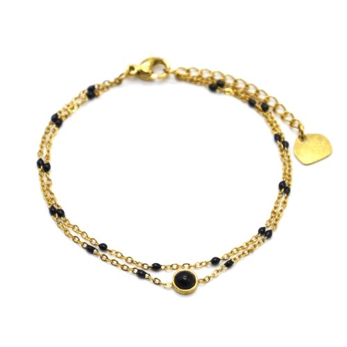 Bracelet-Double-Chaines-Acier-Dore-Mini-Perles-Email-Noir-et-Pierre-Ronde