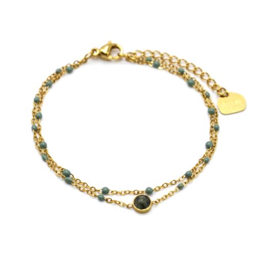 Bracelet-Double-Chaines-Acier-Dore-Mini-Perles-Email-Vert-et-Pierre-Ronde