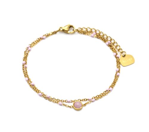 Bracelet-Double-Chaines-Acier-Dore-Mini-Perles-Email-Rose-et-Pierre-Ronde