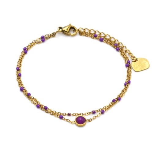 Bracelet-Double-Chaines-Acier-Dore-Mini-Perles-Email-Mauve-et-Pierre-Ronde