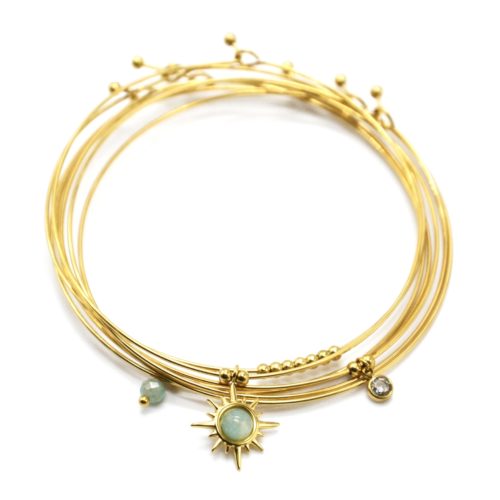 Bracelet-Semainier-Multi-Joncs-Acier-Dore-avec-Billes-Etoile-Polaire-et-Perles-Vertes